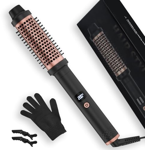 Aischens Spazzola Termica 38mm, Spazzola Rotonda con Schermo LCD 120-200 ℃, Spazzola Arricciacapelli per Capelli Lunghi e Corti, Spazzola Lisciante per Capell, Spazzola Calda in Ceramica (Nero e oro)
