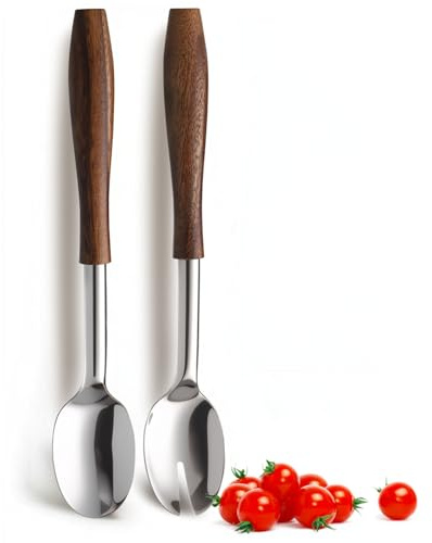 Artestia Extra Large Serving Spoon and Salad Tongs Set, Heavy Duty 304 Stainless Steel, Long Walnut Handle 2-Piece Salad Servers for Buffet, Party, Kitchen