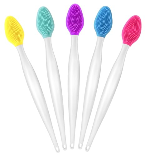 WLLHYF 5 Pcs Lip Scrub Brush Double-Sided Silicone Exfoliating Tool Mini Soft ​Lip Brush Cleaner for Men Women lightening dark lips Smoother Fuller Lip Appearance(Green+Purple+Rose+Yellow+Blue)