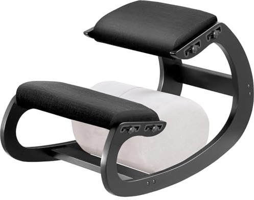 MallVitally Adjustable Kniestuhl, Ergonomischer Schaukelstuhl aus Holz - Verbessern Sie Ihre Körperhaltung mit einem angewinkelten Sitz für Zuhause, Büro (Black)