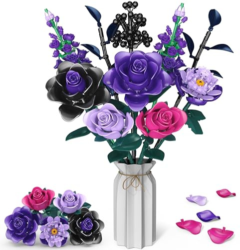 Kit de Construction Bouquet de Fleurs, 701 PCS Flowers Artificielles avec Roses Pourpres et Noires, Cadeau pour Enfants 6+ Noël, Adultes pour Lui ou Elle Saint-Valentin Fête des Mères Anniversaire