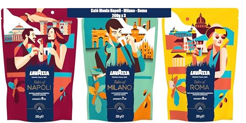 Lavazza, Tales of Italia, Lot de 3x200g Café Moulu (Roma + Napoli + Milano), 600g, Idéal pour Machine Expresso, Filtre ou Manuelle, Arabica & Robusta, Intensités 7/8/9, Notes Gourmandes