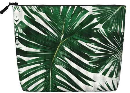 Green Palm Leafs Print Fake Hemp Makeup Bag â€“ Travel Toiletry Pouch for Women, Daily Storage, Business Trips, and More