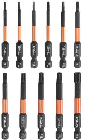 sourcing map Lot de 11 embouts de tournevis à tête Torx T6-T40 de 65 mm de long avec tige hexagonale magnétique sans trou inviolable 6 points en acier phosphate S2