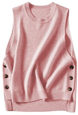 HangNiFang Women's Round Neck Sleeveless Pullover Ribbed Knit Sweater Vest Top (0199-Pink-L)
