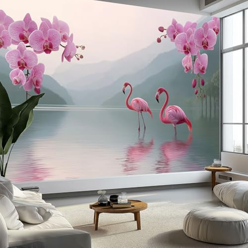 Arte da Parete Lago Fiori Uccelli Murales Personalizzati Paesaggio Fantasy Carta da Parati Fotografica per Cameretta Bambini, Camera da Letto 250 x 175 cm (L x A), Carta da Parati in Effetto 3D