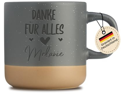 Kaffeebecher mit Gravur - Danke für Alles - Personalisiert mit Wunschname - Dankeschön - Geschenkidee - Erzieher, Lehrer, Kollegen, Familie - Grau