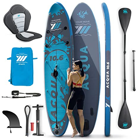 YM Aufblasbares SUP Premium 10,6 Zoll (320 x 82 x 15 cm) mit Kayak-Sitz + Paddel, 304 Liter, max. 145 kg, Ringe, Rucksack, Leash und Zubehör inklusive, italienische Marke, Stand Up Paddle Anthrazit