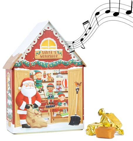 Santa's Workshop Musical Souvenir Tin Filled with Devon Toffee - Toffee Sweet Tin with Individually Wrapped Sweets, Novelty Musical Tins with Festive Sweets - Luxury Christmas Treats Gift Box