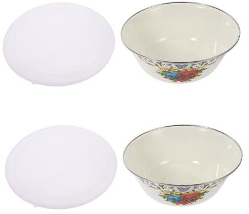 NUOBESTY 2 pezzi Ciotole Smaltate Vintage con Coperchio Zuppiera per Noodles Istantanei e Zuppe Contenitore Alimentare Versatile per Casa Ristorante e Festa in Stile Cinese