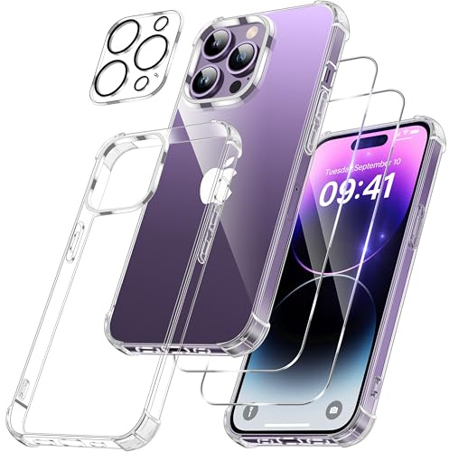 FLLAO 4 en 1 Funda para iPhone 14 Pro con 2 Protector Pantalla y 1 Protector Lente Cámara, [Almohadilla de Aire integrada] Antigolpes Antiarañazos Carcasa 6,1 Pulgadas, Transparente