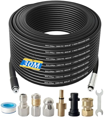 30M Kink Resistant Pressure Sewer Jetting Hose Kit with 2 Types Jet Nozzle & 4 Replacement Adapters, 5800 PSI Washer Drain Pipe Hose Cleaning Kit Compatible with Karcher K2-K7 and Bosch AQT