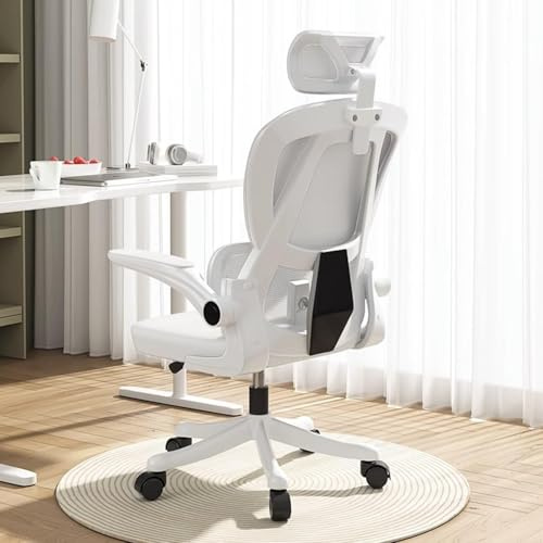 HDHNBA Bürostuhl Mesh Schreibtischstuhl,Ergonomischer Hochrücken-Gaming-Rollstuhl mit Rädern und Verstellbarer Kopfstütze,Komfortable Hochklappbare Armlehnen für Zuhause,Schlafzimmer,Studium(Weiß)