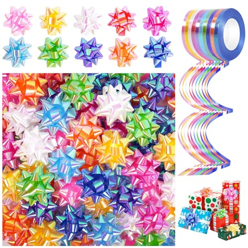 Dooozy 100 Pcs 2 Geschenkschleifen Selbstklebend mit 10 Rollen Geschenkbänder, 10 Irisierend Farbe Geschenk Schleife für Festival Weihnachten Geschenkverpackung