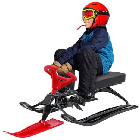 Snow Racer Sled - Luge de course à neige - 114 x 50 x 38 cm - Avec volant et double freins - Surface antidérapante - Robuste - Pour enfants et adultes - 100 kg - Noir + rouge
