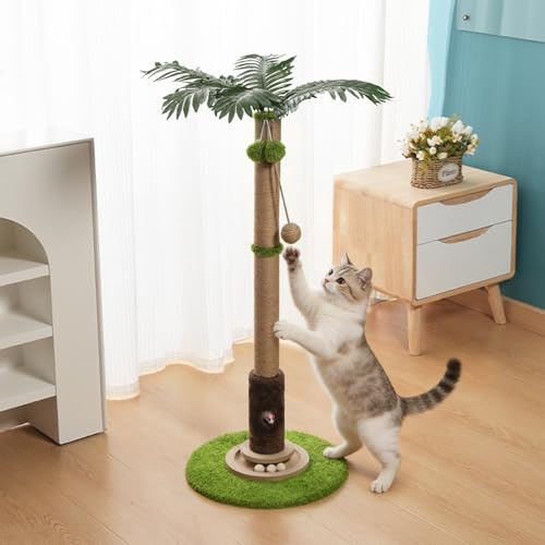 93 cm Cat Scratching Post, Cute Sisal Rope Scratcher with Dangling Balls for Kittens & Small Indoor Cats, Durable & Interactive Scratching Posts (L)