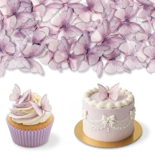 Quilax 48 Stück Schmetterlinge Tortendeko Essbar, Lila 3D Cupcake Topper | Tortendeko Geburtstag Essbare, Lila Schmetterlinge für Hochzeit Party Babyparty