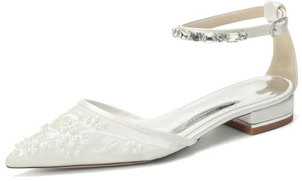 Mesh Satin Ballerinaskor Bröllop med Strass-Ankelrem, Flata Brudskor med Broderi och Pärlor, Eleganta Skor med Glittrande Rem, Spetsig Tå för Fest,Ivory,39 EU