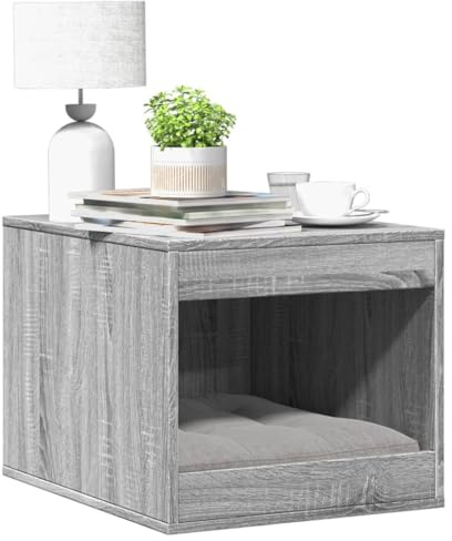 Casetta per gatti con lettiera integrata come tavolino multifunzione in legno grigio Sonoma