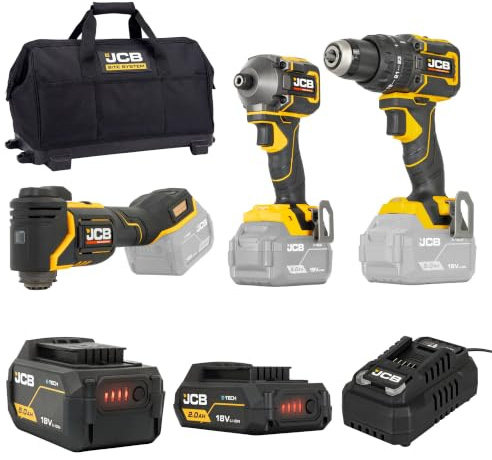 JCB Pro 18V 3-Piece Kit, 75Nm Combi Drill, 230Nm Impact Driver, Multi Tool, 2Ah & 5Ah Batteries, 4.5A Fast Charger & Tool Bag | JCB-18PKIT-6