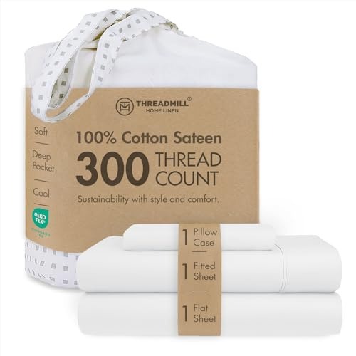 Threadmill Home Linen Juego de sábanas de 3 Piezas de 300 Hilos, Tejido de satén de algodón Puro de Fibra Larga, Color Blanco sólido con Bolsillo Profundo elástico