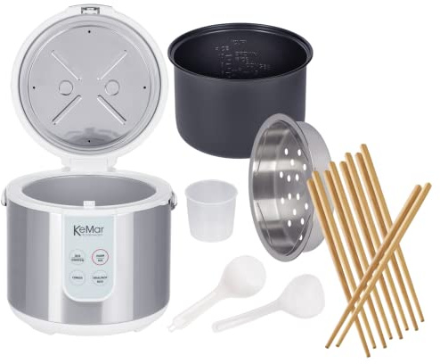 KeMar Reiskocher +GRATIS Essstäbchen (700W, 1,8l, Edelstahl) Brauner Reis, Naturreis - Keramik Beschichtung - Edelstahl Dämpfer, dampfgaren Gemüse und Fisch, Warmhaltefunktion, 4 Programme, KRC-130