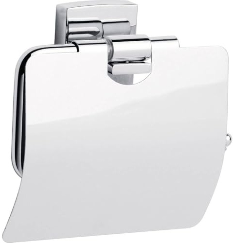 tesa KLAAM Toalettpappershållare med lock, förkromad – toalettpappershållare för väggmontering utan borrning, inklusive självhäftande lösning – 125 mm x 140 mm x 53 mm