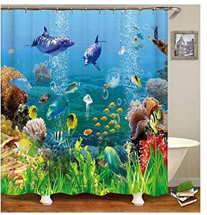 MaxAst Fisch Duschvorhang Anti Schimmel, Bunten Badewanne Vorhang 90x180CM, Antibakteriell Wasserdicht mit Kunststoff Ringe Kein Rost