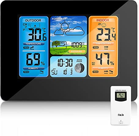 ONEVER Wetterstation kabellos, mit digitaler Farbvorhersage mit Alarm und Temperatur/Luftfeuchtigkeit/Barometer/Alarm/Monduhr/Wetteruhr mit Außensensor (schwarz)