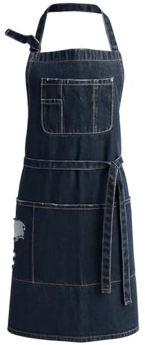 Jowcud Delantal de mezclilla con 5 bolsillos para cocinar, delantales de estilista para mujeres y hombres, delantal de mezclilla ajustable para manualidades, jardinería, cafeterías, bares, trabajo