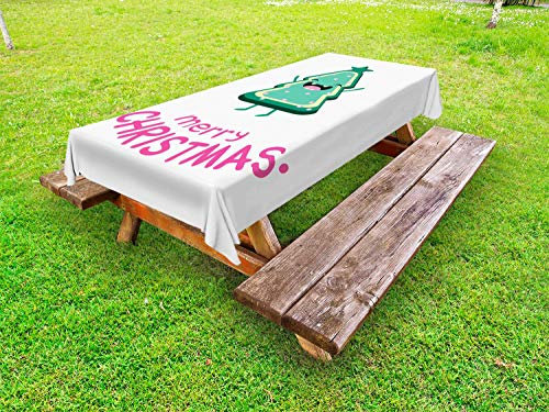 ABAKUHAUS Noël Nappe Extérieure, Arbre en Forme de Biscuit Joyous, Nappe de Table de Pique-Nique Lavable et Décorative, 145 cm x 265 cm, Jade Vert Rose Blanc