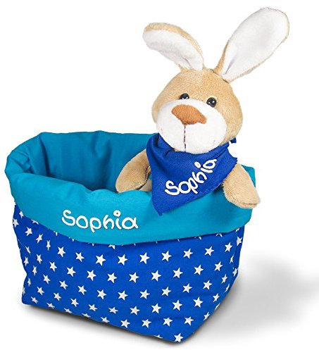 Ostergeschenk Osterkörbchen mit Hasen blau Sterne personalisiert Stoffkörbchen - Geschenk zu Ostern mit Namen Set aus Kuscheltier Hase und Utensilo