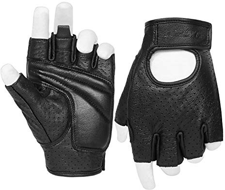 KAIWENDE Half Finger Men's Motorcycle Gloves Gel Padded Fingerless Leather Motorbike Gloves (Black, Large)