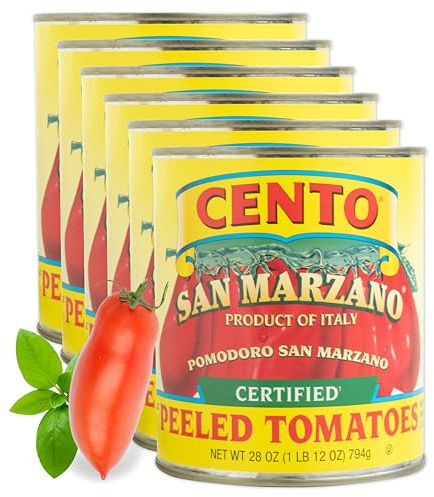 Cento Certified San Marzano Whole Peeled Tomatoes, 28 Oz (Pack of 6), Canned Plum Tomatoes in Thick Puree with Basil, Grown and Processed in Italy