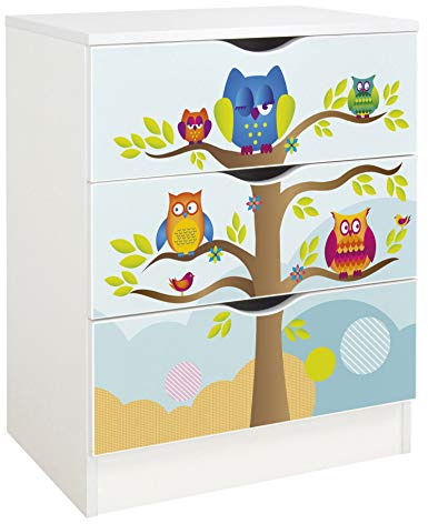 leomark cassettiera in legno 60 x 42 x 78, comò con cassetti Roma, armadietto per camera da letto casa, scuola materna, asilo nido, stile scandinavo, mobiletto con stampa UV Gufi