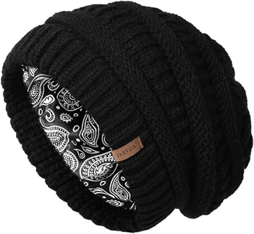 FURTALK Slouchy Beanie Hats for Women Satin Lined Knitted Hat Double Layer Soft Warm Winter Beanie Hat for Girls Black