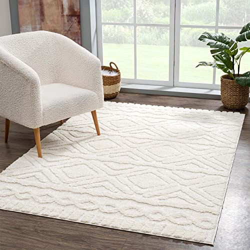 carpet city Teppich Wohnzimmer Hochflor Creme - 80x150 cm - Rauten Hochtief-Muster, 3D-Effekt - Bettvorleger Schlafzimmer Teppiche Boho, Skandi