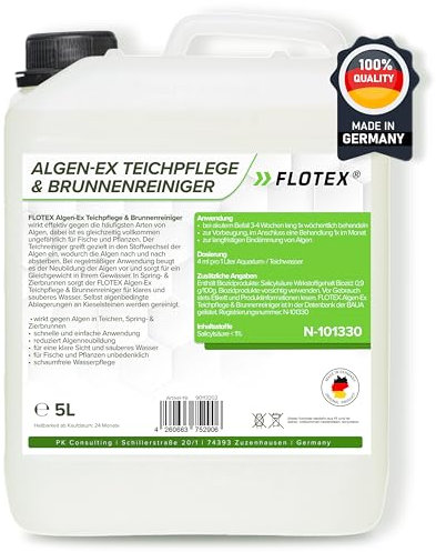 Flotex® 5L Teichklar Teichpflege & Brunnenreiniger, Algenvernichter für Teich und Brunnen - Teichklärer sorgt für klares Teichwasser und schont Fische und Pflanzen – Teichreiniger Algenfrei