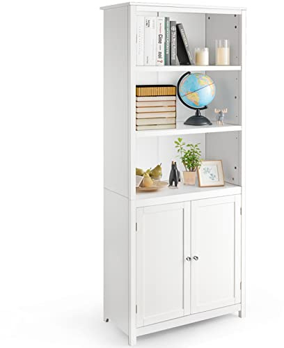 COSTWAY Tall Bookcase, Floor Standing Bookshelf with 2 Doors (White)