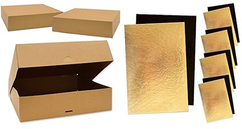 SCRAP COOKING - Lot de 2 Boites à Gâteaux - Carton Kraft Alimentaire Recyclable - 32 x 32 x 8 cm & ScrapCooking - Kit de 5 Supports à Gâteaux - Carton Réversible Doré & Noir - 30 x 20 cm