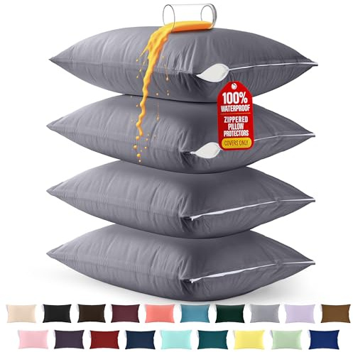 Utopia Bedding Premium 100% Waterproof Pillow Protectors with Zipper Standard Size (Set of 4), Bed Bug and Dust Mite Proof Zippered Pillow Covers, Pillow Encasement Cases, Gray