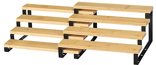 LIANTRAL Küchenschrank Organizer 2er-Set, Küchenregal, 4 Stufen Küchen Organizer aus Metall und Holzwerkstoff, Erweiterbar und Stapelbar Gewürzregale für Speisekammer, Arbeitsplatte