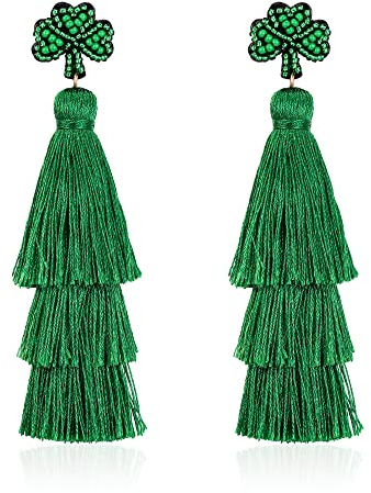 EVER FAITH Grün Quaste Ohrringe für St. Patrick's Day grüne Blatt Boho Gestaffelt Tassel für Damen