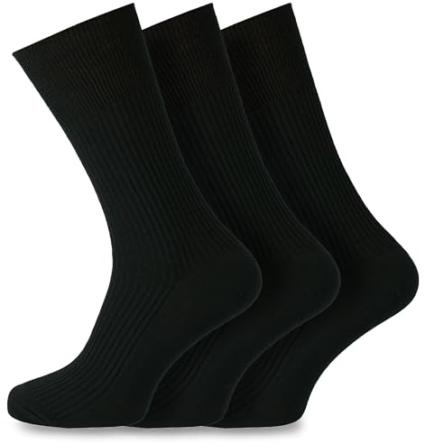 Socksmad® Herr icke-elastisk 100 % bomull mjuk topp diabetiker vänliga strumpor slät tå söm 3 par UK 6-11, Svart, 40-45 EU
