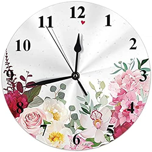 Oudrspo Pivoines Rose Hortensia Orchidée Horloge Murale Botanique Automne Fleurs Mixtes Silencieux sans Coutil Horloge Ronde Décorative À Piles Horloge Murale 10 Pouces Bordeaux Rouge Rose