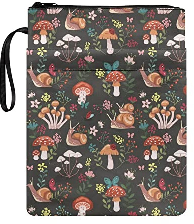 Poceacles Buchumschläge für Hardcover, Schnecke, Pilze, Blumen, bedruckt, Taschenbuch, Schutzhülle, Bibeltasche, Reißverschluss, Aufbewahrungstasche, Geldbörse für Damen und Herren