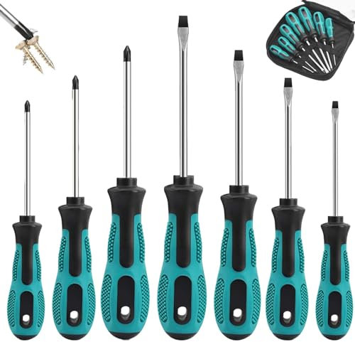 7pcs Screwdriver Set-Heavy Duty Chrome Vanadium Steel Made,Non-Slip Softy Handle,Magnetic Screwdriver with 4 Flat & 3 Cross Head Tips,Case Package