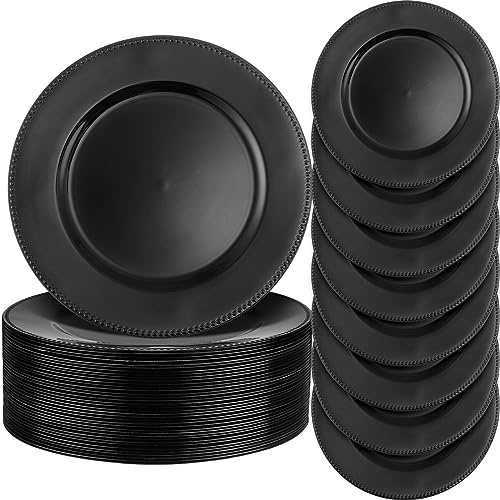 Jinei 36 Pack Black Charger Plates 13 Inch Plastic Beaded Round Charger Plates Wedding Table Decoration Reusable Dinner Plate Tray for Birthday Party Holiday Event