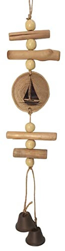 ROCKING GIFTS Móvil Colgante Troncos de Madera Marron con Barco Velero y Campanitas, Carrillón de Viento Decoración Mural Náutica para Casa de Playa, 33 cm