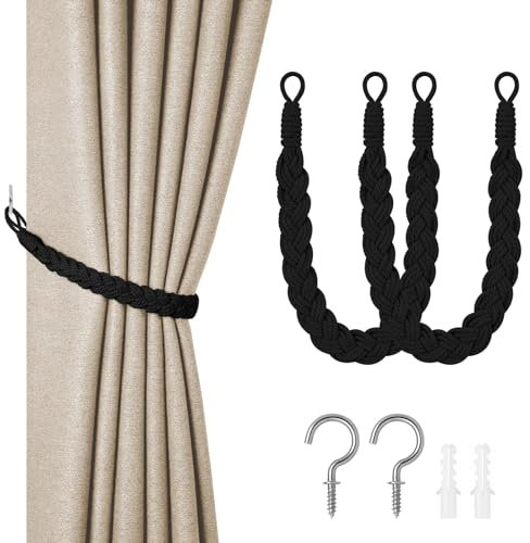 HOTUT Natural Cotton Rope Curtain Tiebacks, 2 Pack Hand Knitting Curtains Tied Rope, Elegant Boho Style Decorative Drape Tie Soft Rope Curtain Holdbacks with Metal Hook for Home & Office, Black